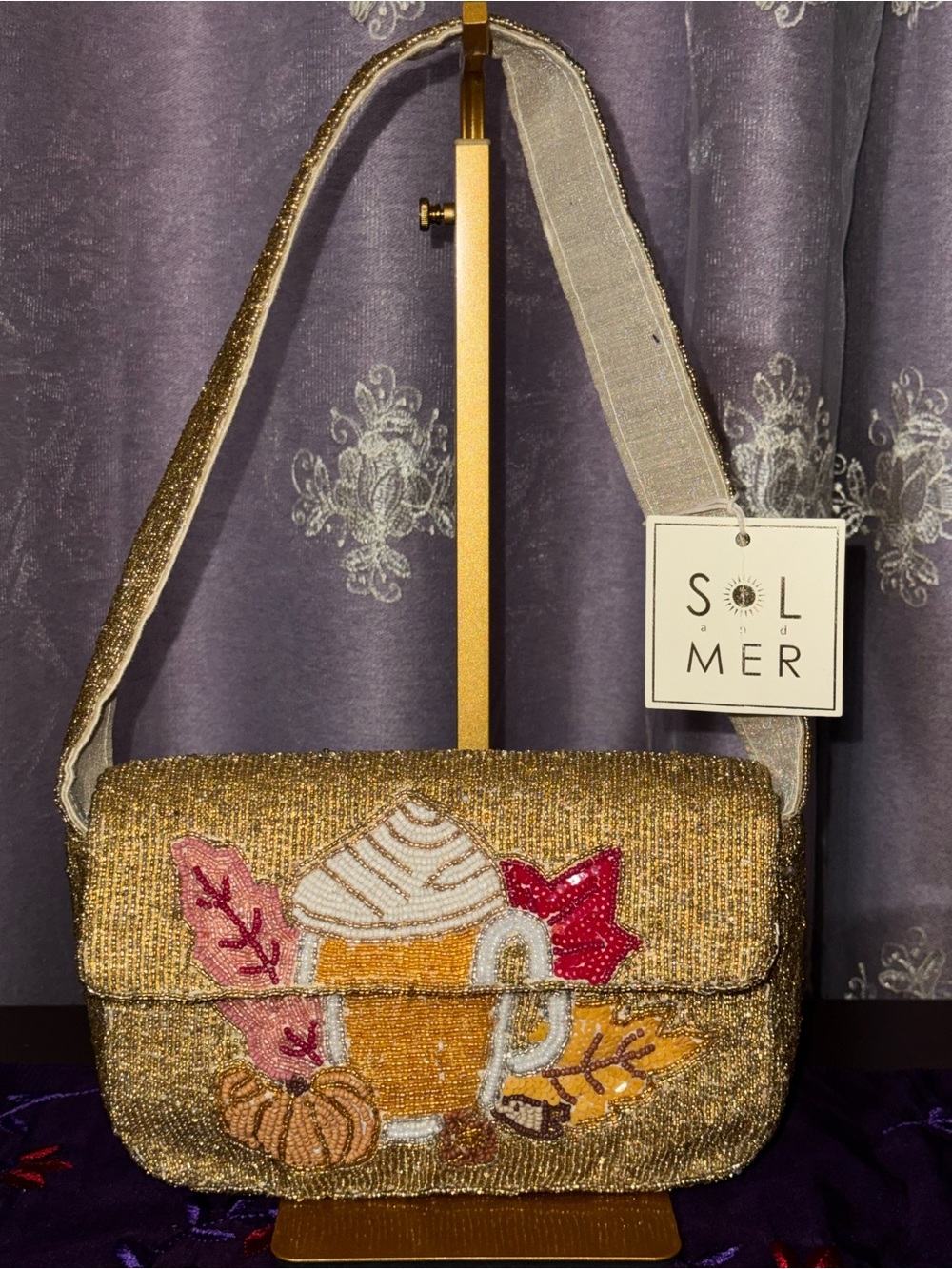 NWT Sol and Mer Beaded Pumpkin Spice Latte Fall Flap Bag